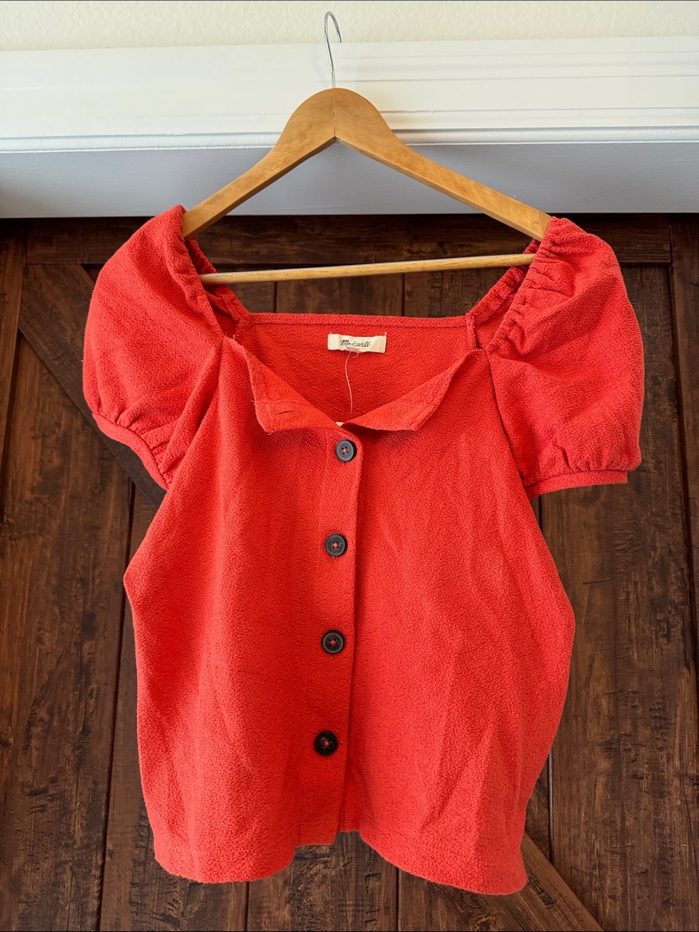 Women's Red Puff Sleeve Button-Front Top